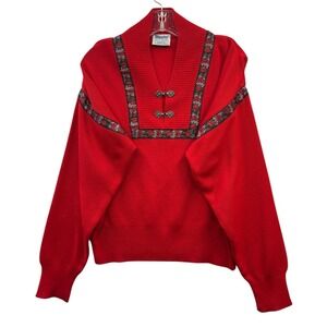 Vintage Meister Red Wool Blend Sweater Metal Clasp Floral Trim Nordic Folk M